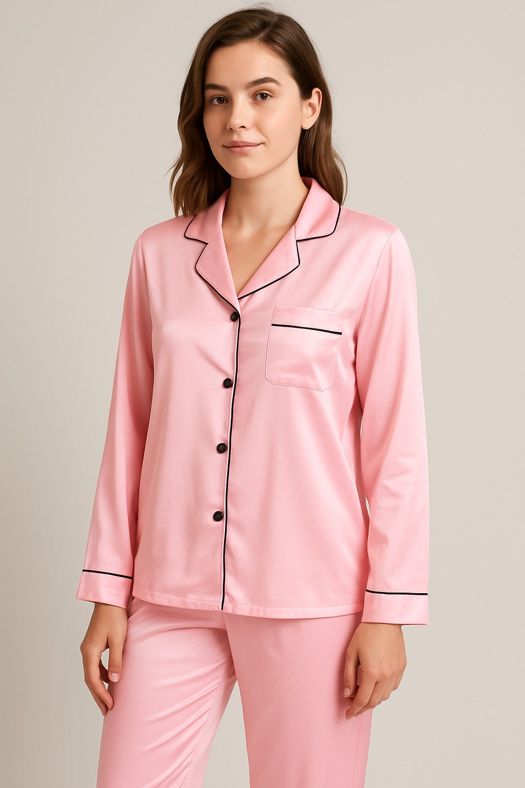 2 Pcs Women's Stitched Silk Plain Night Suit - Pink