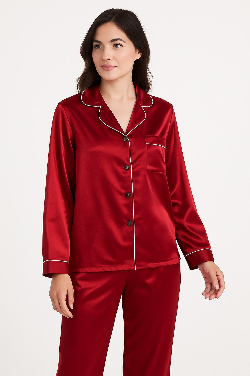 2 Pcs Women's Stitched Silk Plain Night Suit - Red