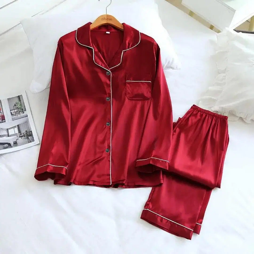 2 Pcs Women's Stitched Silk Plain Night Suit - Red