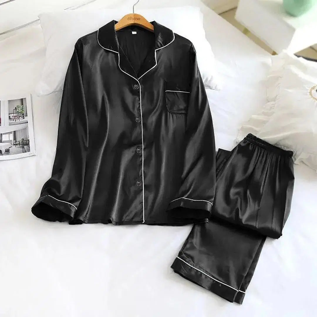 2 Pcs Women's Stitched Silk Plain Night Suit - Black