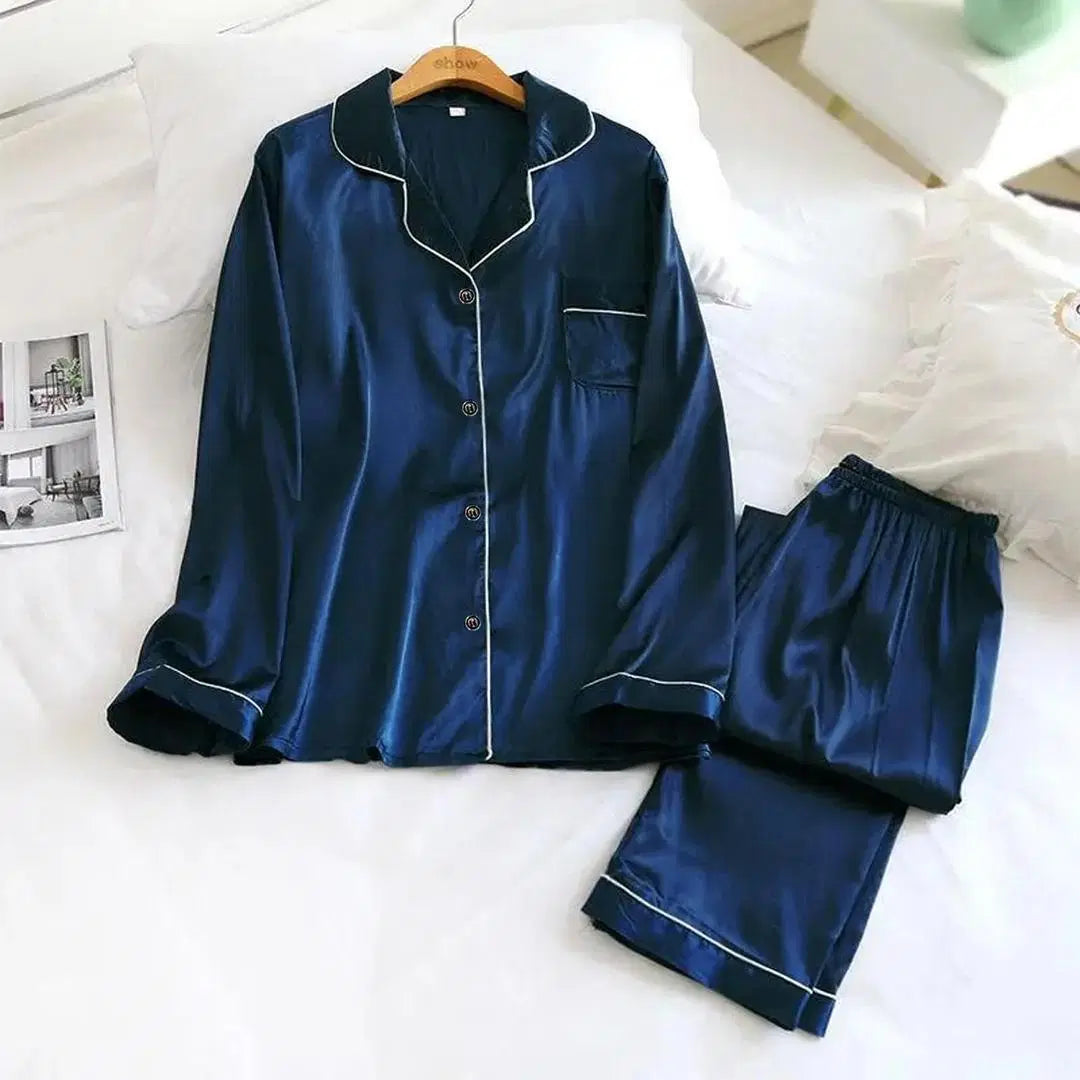 2 Pcs Women's Stitched Silk Plain Night Suit - Blue