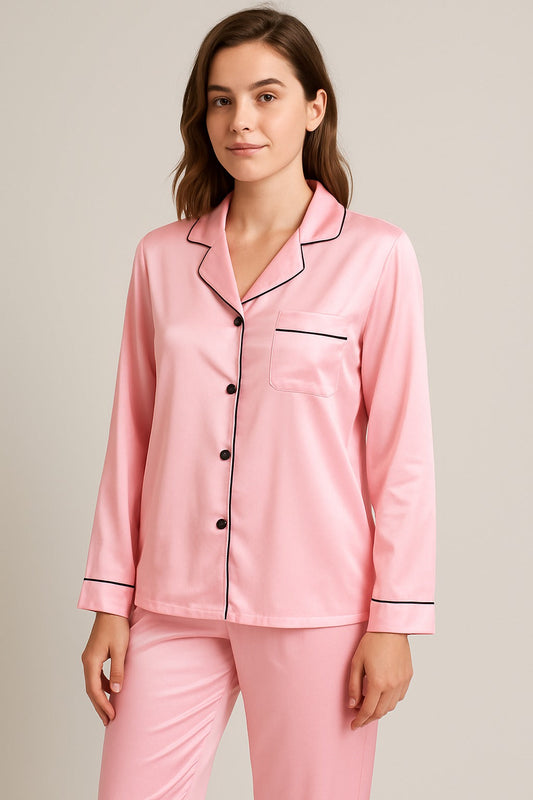 2 Pcs Women's Stitched Silk Plain Night Suit - Pink