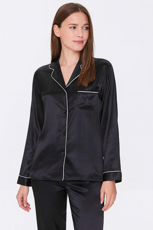 2 Pcs Women's Stitched Silk Plain Night Suit - Black