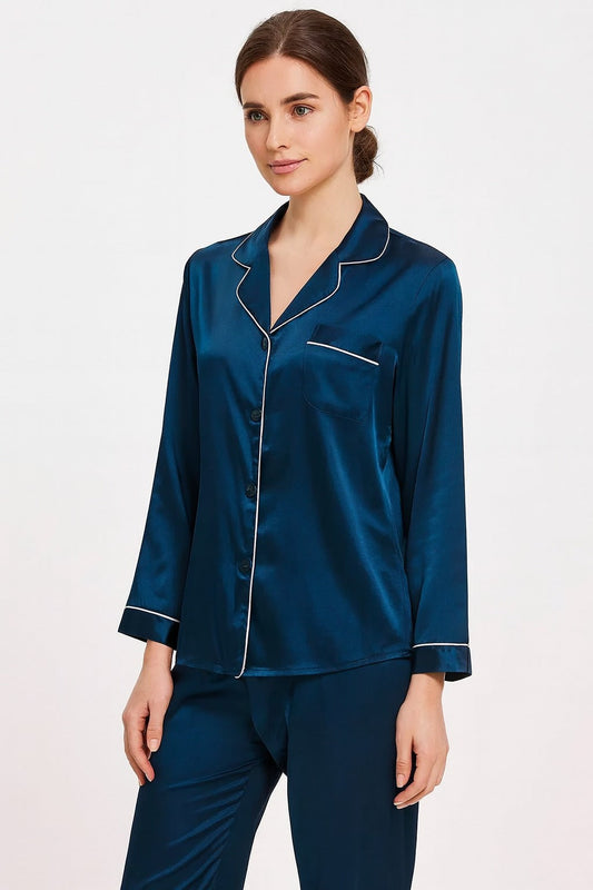 2 Pcs Women's Stitched Silk Plain Night Suit - Blue